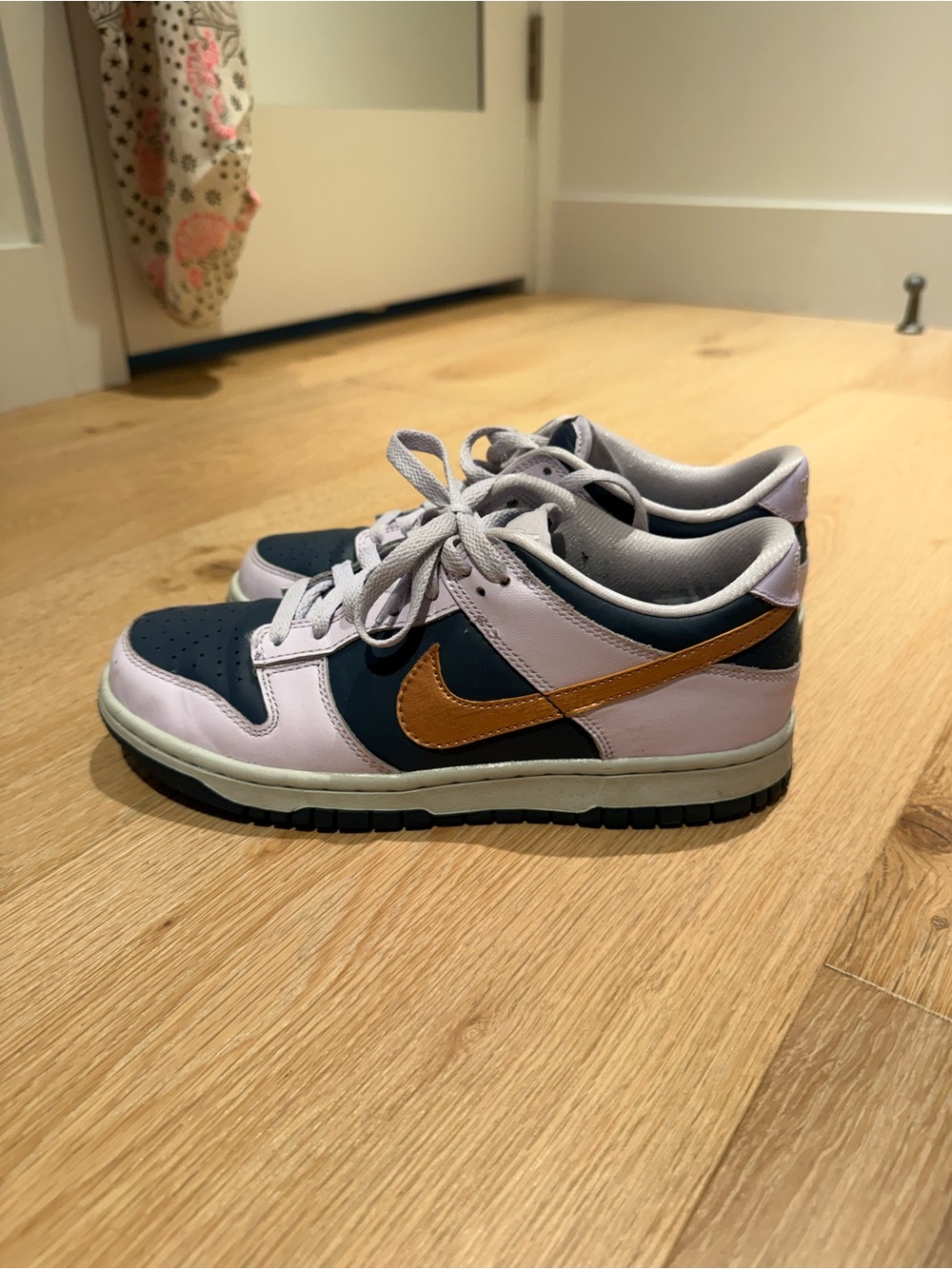 Nike Kids Dunks Low-Top Sneakers in Purple, Navy & Gold Swoosh